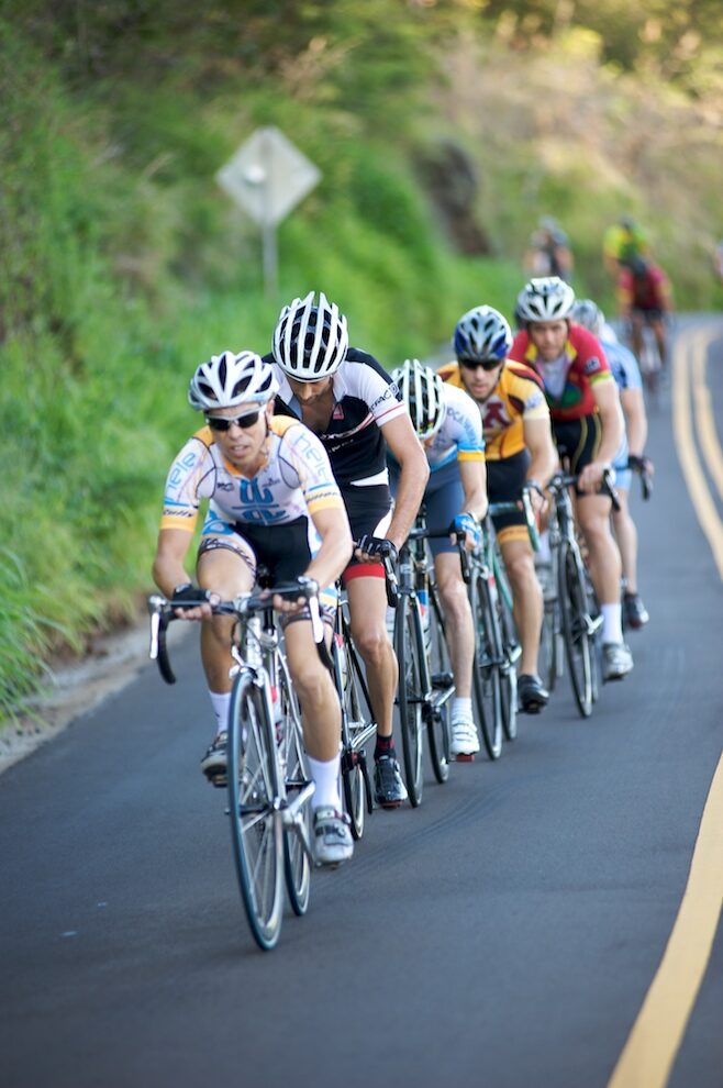 Lead group of riders climbing
